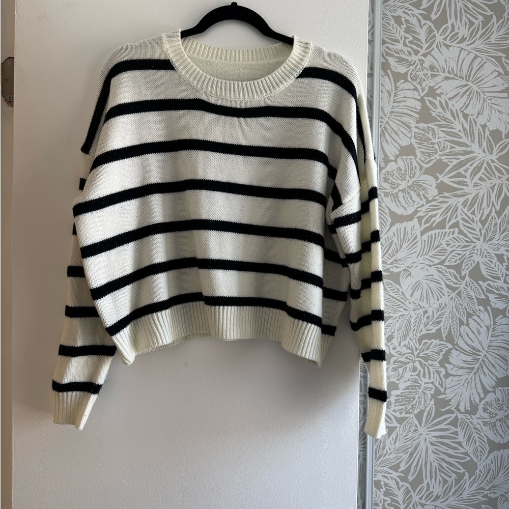 Striped Crewneck Cropped Sweater - Black and Cream